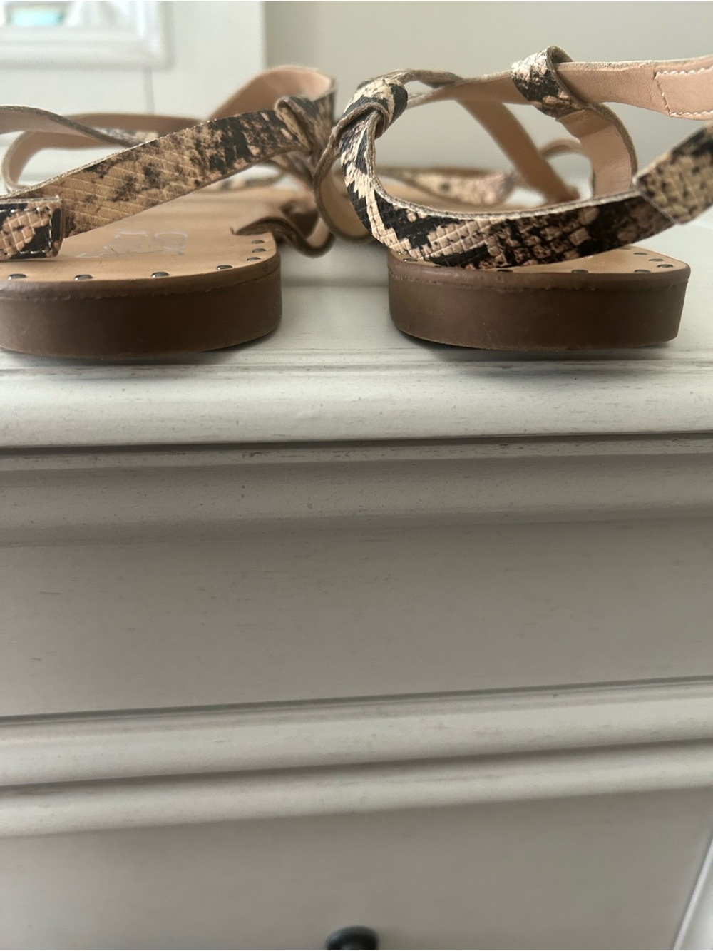 Franco Sarto Tan and Black Snake-Print Strappy Flat Sandals - Picture 5 of 8